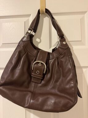 Coach Brown Leather Shoulder Bag with Silver Buckle